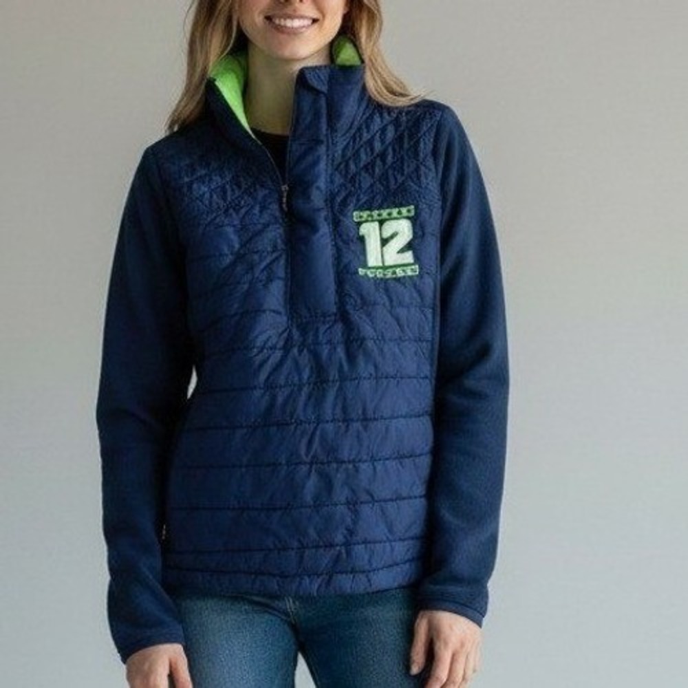 Seahawks Pullover Women L Navy Blue Seattle 12 Quilted Fleece Quarter-Zip Jacket